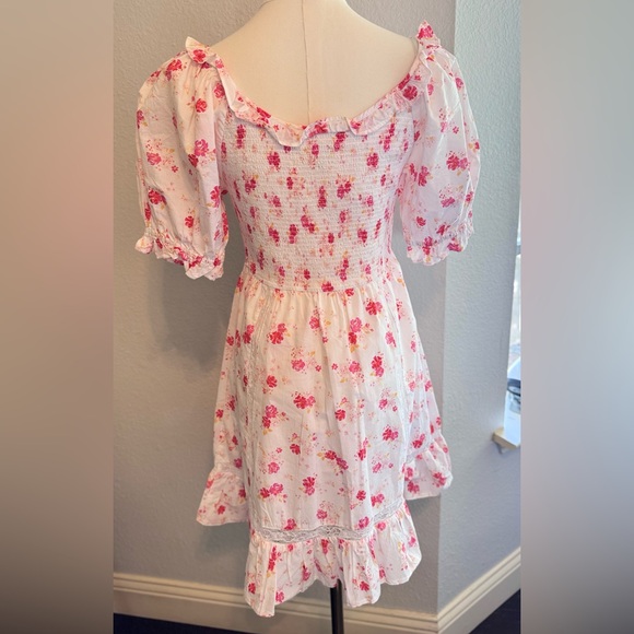 LOVESHACKFANCY Cosette White Cotton & Hot Pink Floral Smocked Ruffle Mini Dress